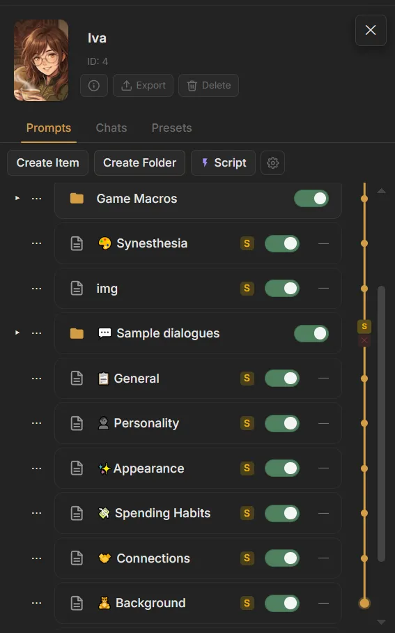 Character card with its Prompt Manager